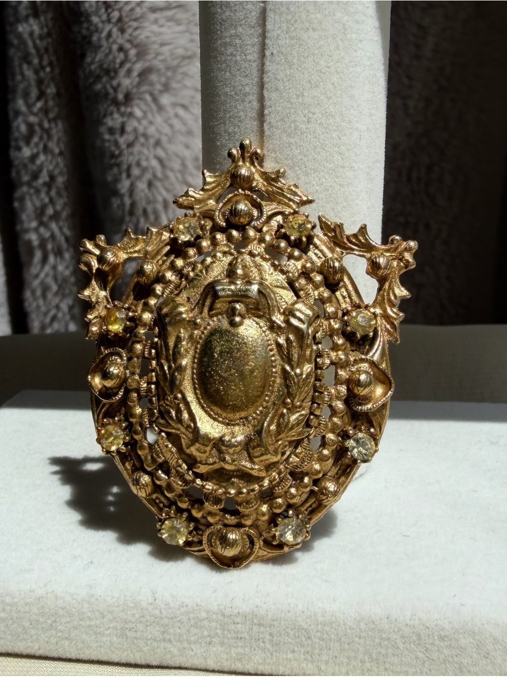 Vintage FLORENZA Signed Gold Tone Victorian Revival Brooch Pendant As-Is Aging